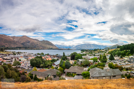 View of Wanaka Lake and alpine resort town in New Zealand