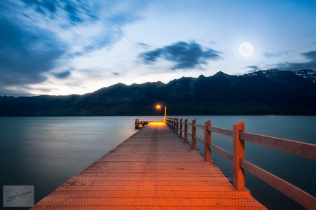 Moon rising at Glenorchy Wharf, New Zealand, South Island.