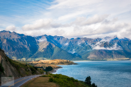 Mountain range picturesque view at Lake Hawea in New Zealand.