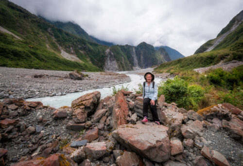 Daniela Constantinescu in Waiho River Valley -on the way to Franz Josef Glacier, New Zealand.