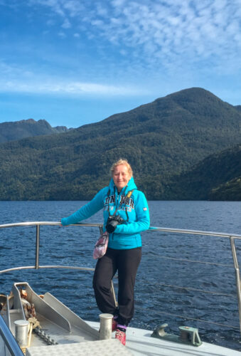Daniela Constantinescu on a cruise boat in Doubtful Sound, a fjord in New Zealand