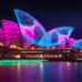 Illuminating Opera House's roofs with an art work representing a pulsating sea creature in amazing colors at Vivid Sydney Festival in 2017, in Australia.