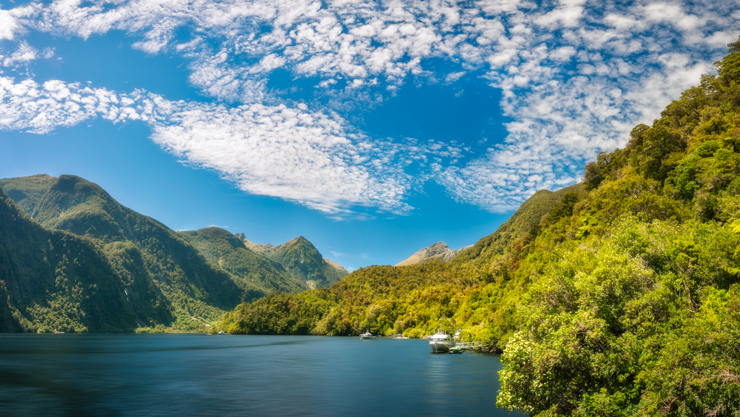 Deep Cove with the Shipping Docks and the Mountain Tops in the fjord at Doubtful Sound in New Zealand